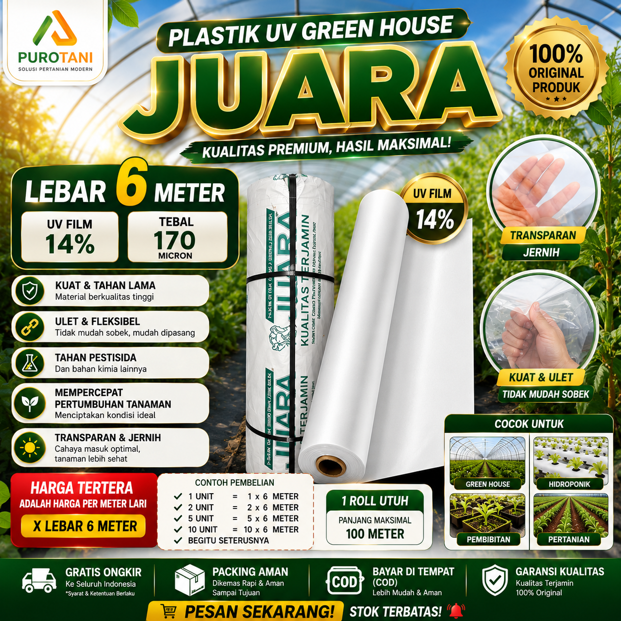 Plastik Ultraviolet Juara UV tebal 170 Micron 14 % Lebar 6 M