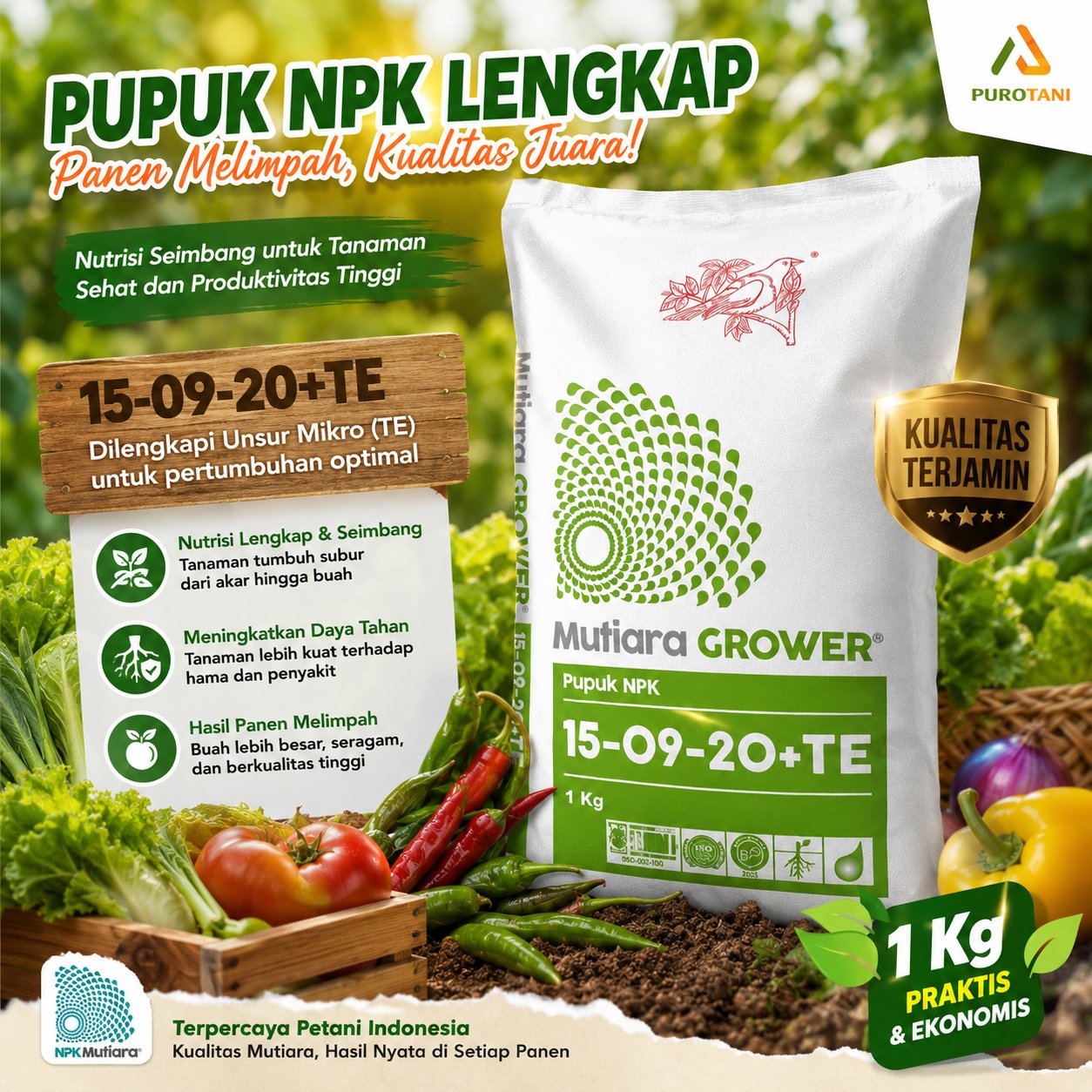 NPK Mutiara GROWER 15-09-20+TE Meroke 1 KG