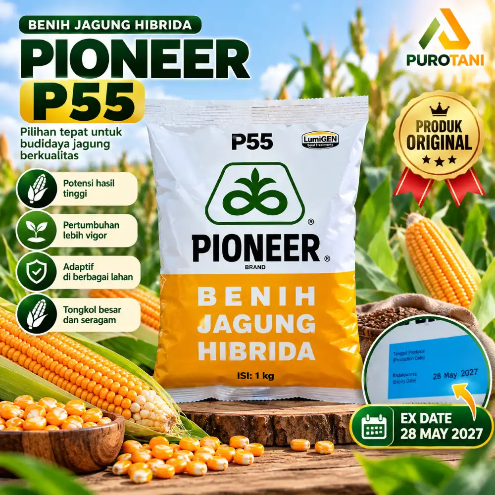 Benih jagung hibrida Pioneer P55 original kemasan 1 kg dengan keterangan EX DATE 28 Mei 2027.