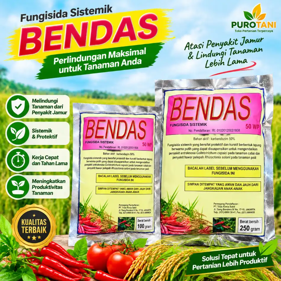 Fungisida BENDAS 50 WP karbendazim 50% tersedia ukuran 100 gram, 250 gram, dan 500 gram di PUROTANI.ID.